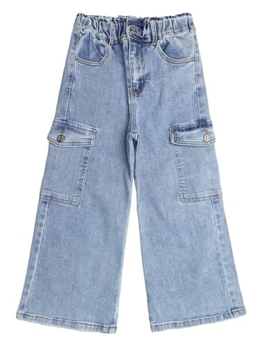 KIDSCOOL SPACE Toddler & Big Child Wide-Leg Cargo Jeans, 18M-14T Ribbed Waist Denim Pants,Light Blue,10-11 Years