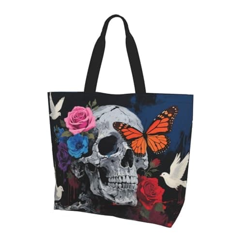 OLUSENMO Eternal Bloom Skull & Wings of Legacy Tote Bag Large Durable Handbag Lightweight & Stylish,Perfect for Beach/Travel/Work-19.7x15.7x5.9 Inch