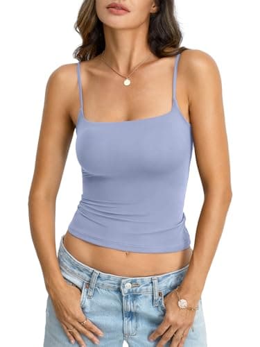 EasyGala Womens Double Lined Crop Tank Top Adjustable Spaghetti Strap Camisole Fitted Summer Basic Shirt Y2k Going Out Tops Sexy Square Neck Cute Teen Girl Basic Tops Light Blue L