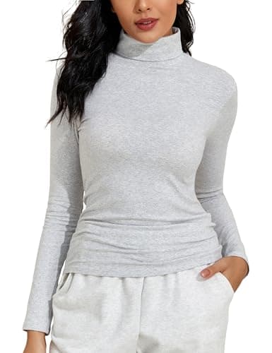 PrettyGuide Long Sleeve Shirt Turtleneck Womens Tops Slim Fit Basic Layering Shirts Casual Mock Neck Top Light Heather Grey S