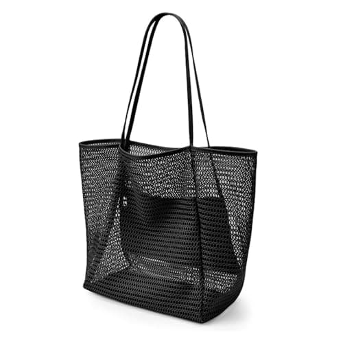 CWB&ADB Large Mesh Beach Tote Bag, Foldable Summer Handbag, Tan (black)