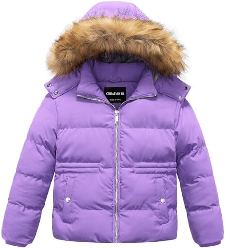 CREATMO US Winter Jackets For Girls Puffy Snow Coat Girls' Soft Fleece Lined Warm Puffer Jacket With Removable Hood Taro Purple 4-5