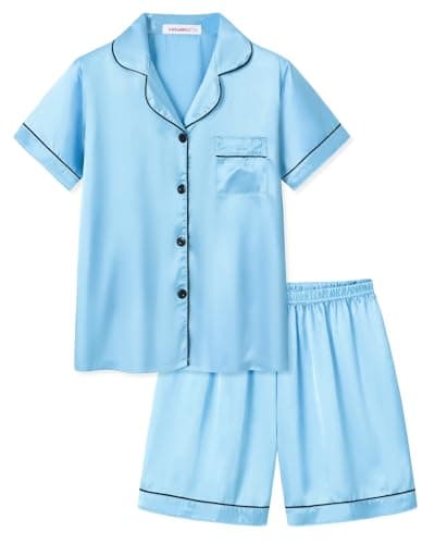 UNICABBIT21 Lake Blue Satin Pajamas for Big Girls Cute Silk Button Down Short Sleeve & Shorts PJS Outfit Kids Sleepwear Size 16