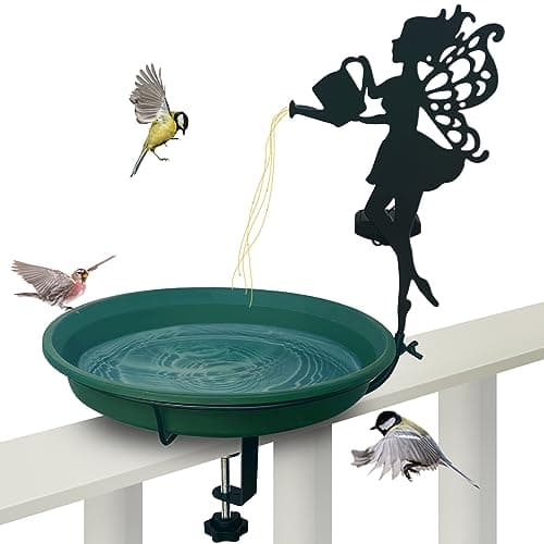 VChymm Solar Light String Bird Bath，Birdbaths Deck Mounted 19.5 Inches Bird Bath 2.7 Inches Deck Adjustable Steel Clamp，Balcony Railing Birdbaths, Fence Clamp Detachable…