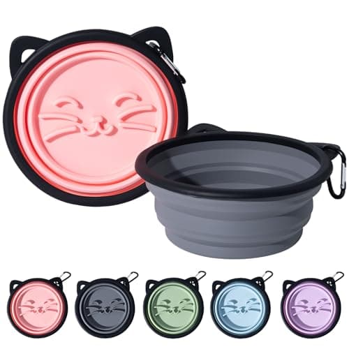 2Pack Silicone Collapsible Dog Bowls, Cute Pet Ear Shape and Cat Graphic Travel Water Bowl Full of Pet Atmosphere 25oz Portable Feeder for Small Large Dog Walking Hiking Camping (Pink and Grey)