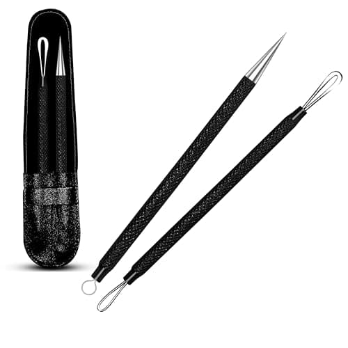 EFAH Care 2Pcs Stainless Steel Pimple Extractor Acne Treatment Tool Surgical Blemish Grade Blackhead Remover Perfect for face and Nose Easy to Clean (Black)