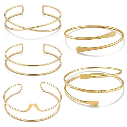 Baowindy 5PCS Gold Arm Cuff Jewelry for Women, Upper Arm Cuff Bracelet Bangle, Minimalist Open Arm Cuffs Adjustable Coil Armlet Armband