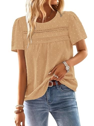 BETTE BOUTIK Summer Fashion Shirt Womens Short Sleeve Peasant Boho Tops Dressy Casual Flowy Western Bohemian Blouses Cute Work Swiss Dots Crochet Clothes Light Yellow XL
