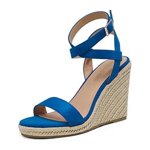 DREAM PAIRS Womens Open Toe Espadrilles Dressy Platform Sandals Buckle Ankle Strap Stylish Wedges Summer Dressy Sandals,Size 5,Blue/Suede,SDPW2211W