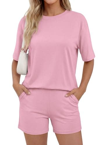 PRETTYGARDEN 2026 Women's Summer 2 Piece Sets Casual Lounge Set Short Sleeve Tops Shirts Shorts Travel Beach Vacation Outfits (Pink,X-Large)
