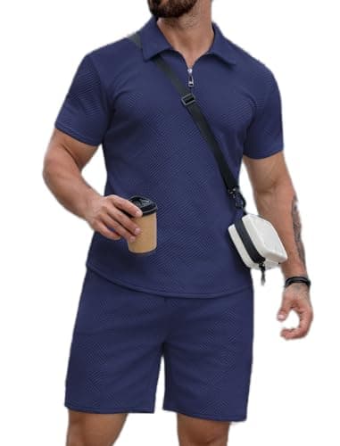 EISHOPEER 2025 Men's Fashion Polo Set - Thick Texture Slim Fit Shirt & Sport Shorts, Gym Golf Night Out Navy XX-Large