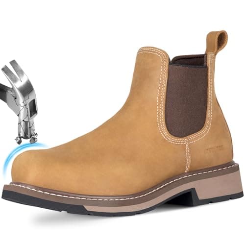 Hunthor Slip-On Work Boots for Men, Steel Toe Puncture-Proof with EVA Mid-Sole, Full Grain Leather Non-Slip Chelsea Safety Shoes, Comfortable and Ideal for Industrial Construction (Camel, Size 8.5)