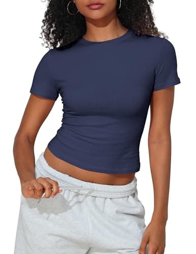 Hilor T-Shirt for Women Short Sleeve Cotton Tops Basic Crop Top Baby Tees Tight Crewneck T Shirts Navy S/US2-4