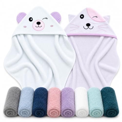 Cute Castle 2 Pack Hooded Baby Towel Rayon Made from Bamboo with 8 Washcloths - Soft Bath Towel for Bathtub for Babie, Newborn, Infant, Natural Baby Stuff Towel (Bear and Cat)