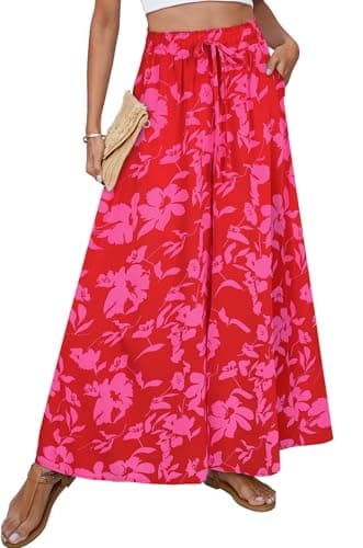 SimpleFun Beach Pants for Women Long Wide Leg Pants Womens Dressy Boho Printed Summer Palazzo Pants Floral Red L