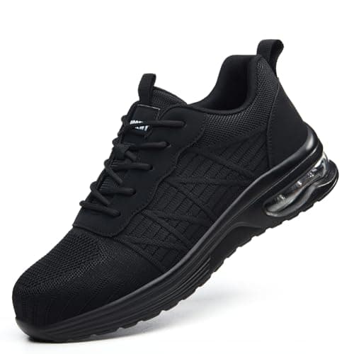 Steel Toe Shoes for Men Women Lightweight Comfortable Safety Shoes Puncture Proof Non Slip Steek Toe Sneakers for Men Breathable Indestructible for Construction Industrial Warehouse Off-Black