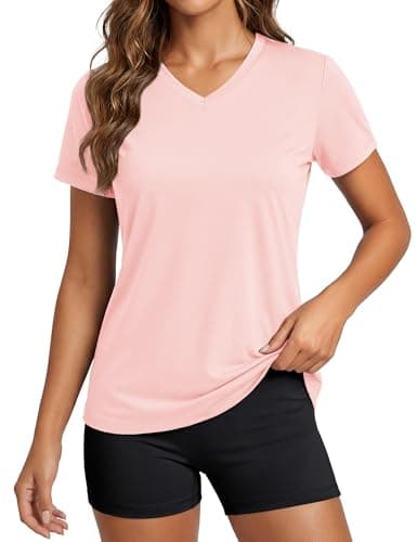 MAGCOMSEN Womens Short Sleeve Tops V Neck Workout Running Shirts Quick Dry Sun Protection UV Shirt Cooling Light Pink S