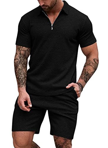EISHOPEER Men's Two-piece Casual Set Short Sleeve Polo Shirts and Beach Shorts Summer Outfits Black Medium