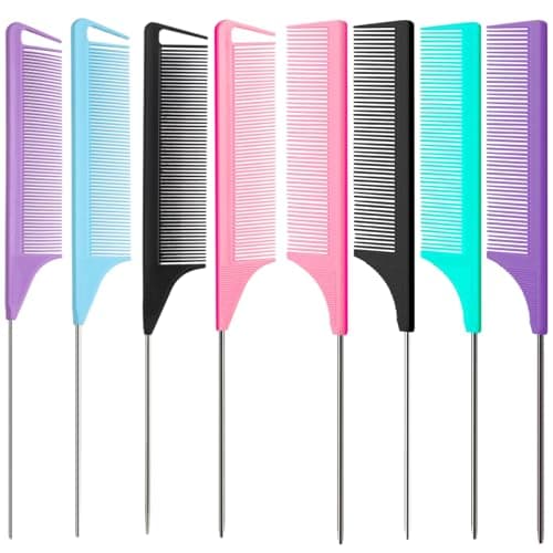 8pcs Rat Tail Combs Set,Long Steel Pin Teasing Combs for Salon Hair Stylists,2 styles and multiple colorsb of Metal Parting Combs for Women,Hair Teasing Fine Tooth Comb Aigee