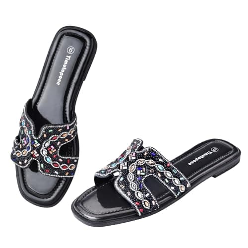Timutopone Sparkly Rhinestone Sandals for Women Dressy Lightweight Comfortable Slide Sandal Slipper Fashion 2026 Summer Trendy Elegant Slip-On Shoes with Glitter Pearl Accessories Silver Gold (06 Black Rhinestone, 7#)