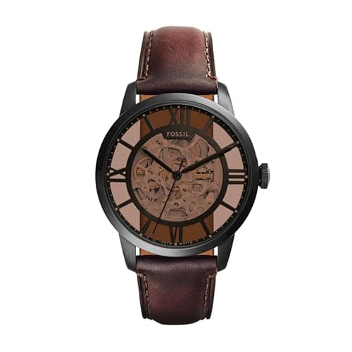 Fossil Men's Watch, Townsman Automatic Stainless Steel and Leather Three-Hand Skeleton Watch for Men, Color: Black, Dark Brown