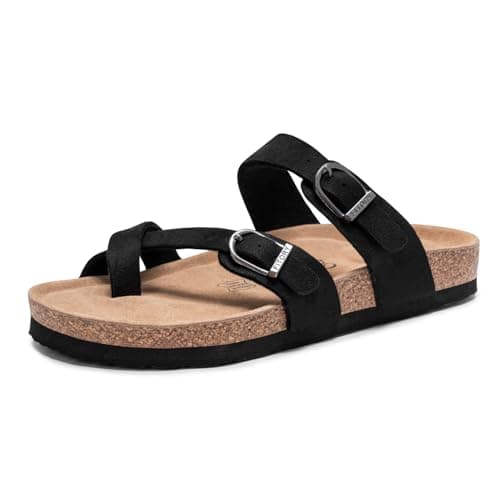 FITORY Women's Slide Sandals with Soft Cork Footbed, Comfort Arch Support Flat Sandals for Summer Black Suede Size 11