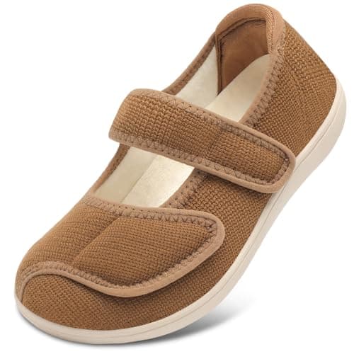 JOINFREE Womens Wide Toe Diabetic Slippers Arthritis Edema Swollen Adjustable Soft Comfort House Shoes for Work Shopping Walking Travel Indoor Outdoor Brown Size 9.5