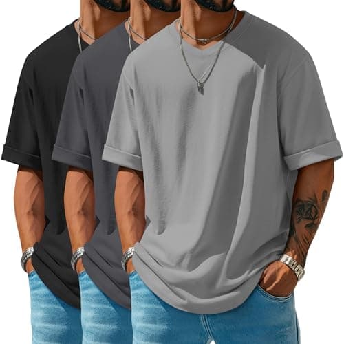 JoyMotion 3 Pack Men's Oversized T-Shirts Short Sleeve Loose Fit Tops Casual V Neck Rolled Sleeve Tee Solid Basic Tshirt(Black, Dark Gray, Light Gray,Small)