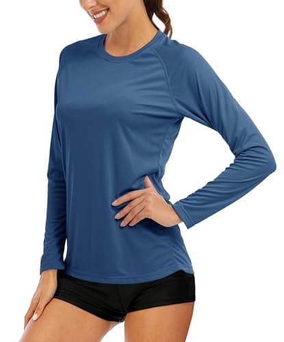 MAGCOMSEN Athletic Shirts Women Fitted Long Sleeve Shirts for Women Running Shirts Women Sun Protection Shirts for Women Lightweight Shirts Blue Grey
