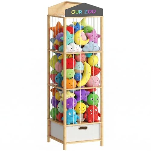 HOOBRO Stuffed Animal Storage, Bamboo Stuffed Animal Organizer with Fabric Drawer and DIY Chalkboard, Space Save Toy Organizer for Playroom, Living Room, Nursery, Natural and Beige YL66CW01