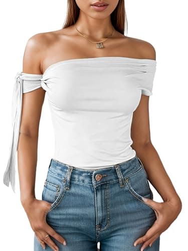 Off The Shoulder Tops for Women - Tie Shoulder Ruched Going Out Slim Fit Solid Y2K Tops White