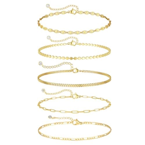 Cuzmly Gold Bracelets for Women, Waterproof 14K Gold Plated Stackable Bracelets for Women Non Tarnish Trendy Dainty Paperclip Figaro Cuban Chain Bracelet Pack Stack Adjustable Jewelry for Women