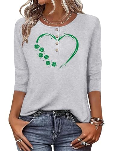 CRAZY GRID Womens Summer St. Patrick's Day Clover Heart Printed Easy-Wear Blouse 3/4 Sleeve Henley Top Soft Outfits Top GreenHeartCloverPattern 3X-Large