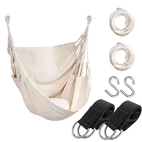 Hammock Chair Hanging Rope Swing Seat for Indoor Outdoor, Sturdy Cotton Weave Hammock Swing, Max 300Lbs Hanging Hammock Chair (Pole and Pillows NOT Included, Beige)
