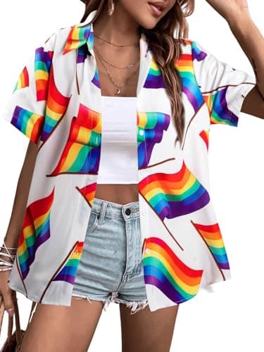 ALLTB Pride Outfits Women Rainbow Lesbian Shirts Gay Pride Button Down Blouse LGBT T-Shirt Proud Ally Tee Tops