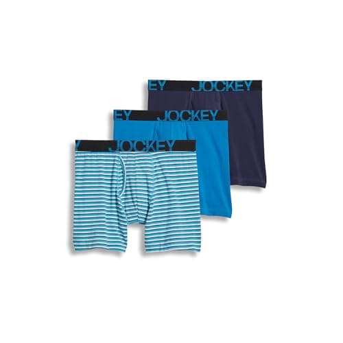 Jockey Men's Underwear ActiveStretch 7" Long Leg Boxer Brief - 3 Pack, True Navy/Blue Stripe/Turquoise Gem, S