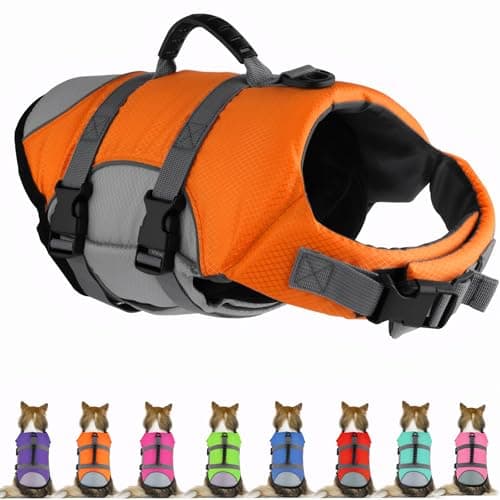 Mklhgty Dog Life Jacket, Reflective Adjustable Dog Life Vest with Rescue Handle for Swimming and Boating, Ripstop Pet Safety Life Preserver for Small, Medium and Large Dogs