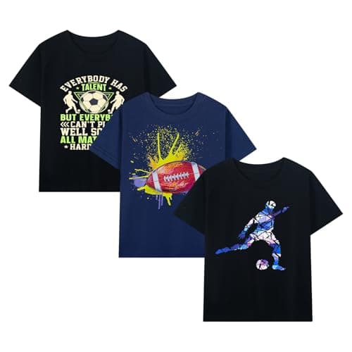 HILEELANG Little Boys' 3-Pack Basic Cotton Sports Graphic T-Shirt Soccer Football Baseball Color Black Navy Summer Tees Size 6