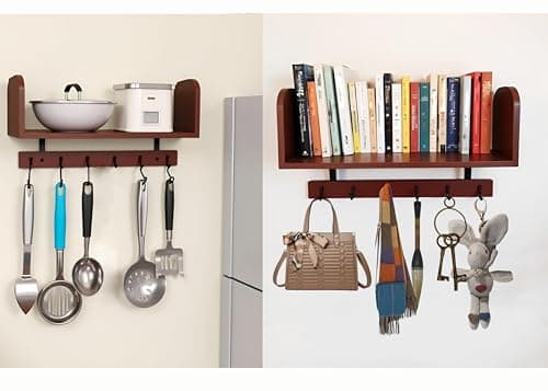 RichArrive Selling at a Loss Promotion,Wooden Shelf with Hooks - Multipurpose Organizer for Kitchen, Books, Kitchen Shelf - Wall Mounted Natural Wood Storage Rack for Home，Floating Book Shelves