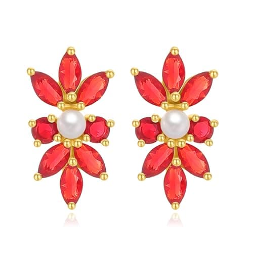 FENBORY Red Cubic Zirconia Stud Earrings Delicate Leaf CZ Pearl Cluster Earrings Bridal Stud Earrings for Women Wedding Party