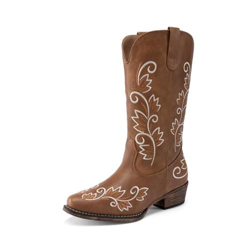 DREAM PAIRS Women's Cowboy Cowgirl Western Mid Calf Boots Square Toe Embroidered Stitched Pull On Country Boots with Low Chunky Heel,Size 6,Brown,SDMB26002W
