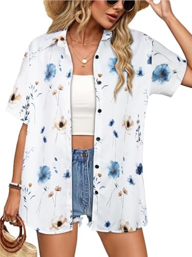 Women Hawaiian Shirt Button Down Summer Tops Beach Cool Short Sleeve V Neck Blouse(White Flower,S)