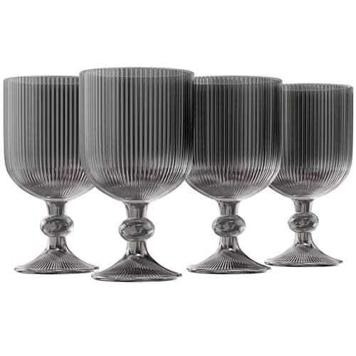 KooK Goblet Glasses, Vintage Wine Glasses, Goblets, Vintage Glassware, Stemmed Drinking Glasses, for Water, Wine, Embossed Pattern, Wedding Party, Bar, Black, Set of 4, 13 oz