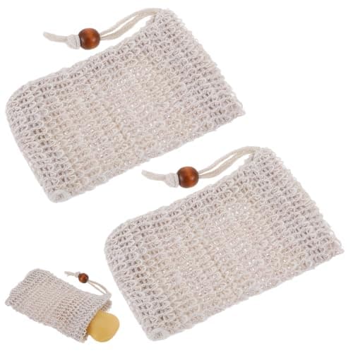 2PCS Soap Saver Bag, Sisal Exfoliating Soap Pouch, Natural Cotton-Linen Exfoliating Net Pouch with Drawstring, Foaming and Drying Exfoliating-Mesh Pouches for Bath and Shower (13x8.5cm, Beige)