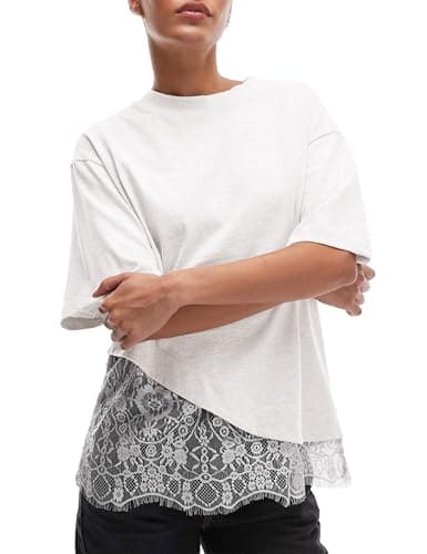 GTLIAE Women's Lace Patchwork Top Summer Daily Relaxed Fit Drop Shoulder Short Sleeve Blouse Casual Weekend T-Shirt (White01-Small)