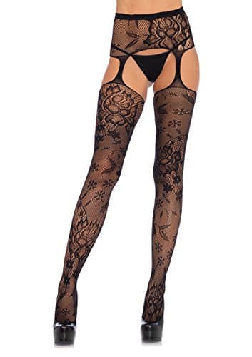 Leg Avenue womens Lace Top Fishnet Stockings With Attached Garter Belt Black Floral One Size