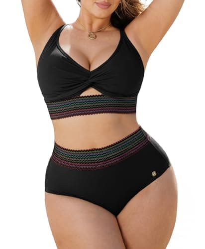 Popilush High Waisted Bikini Sets for Women Shapewear Tummy Control Two Piece Boho Swimsuit 4 Way Wear Beach and Pool Color Black Size XL