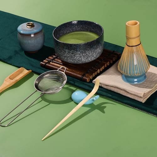 DiDiBirDi Matcha Tea Set 9 Pcs, Japanese Traditional Bowl, Bamboo Whisk (Chasen), Scoop (Chashaku), Spoon, Stainless Steel Sifter, Holder, Ceramic Powder Caddy