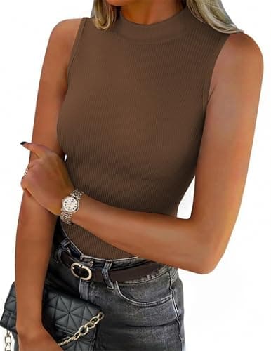 Zeagoo Womens Sleeveless Mock Turtleneck Tank Tops Slim Fit Stretch Ribbed Tops Casual Basic Layering Shirts 2026 Brown