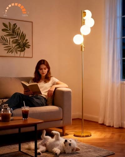ACOHOOK Gold Globe Floor Lamp Dimmable 64IN Tall Standing Lamps with Soft Warm White Eye Care 3000K G9 Bulbs, Mid Century Modern Floor Lamp for Living Room Bedroom